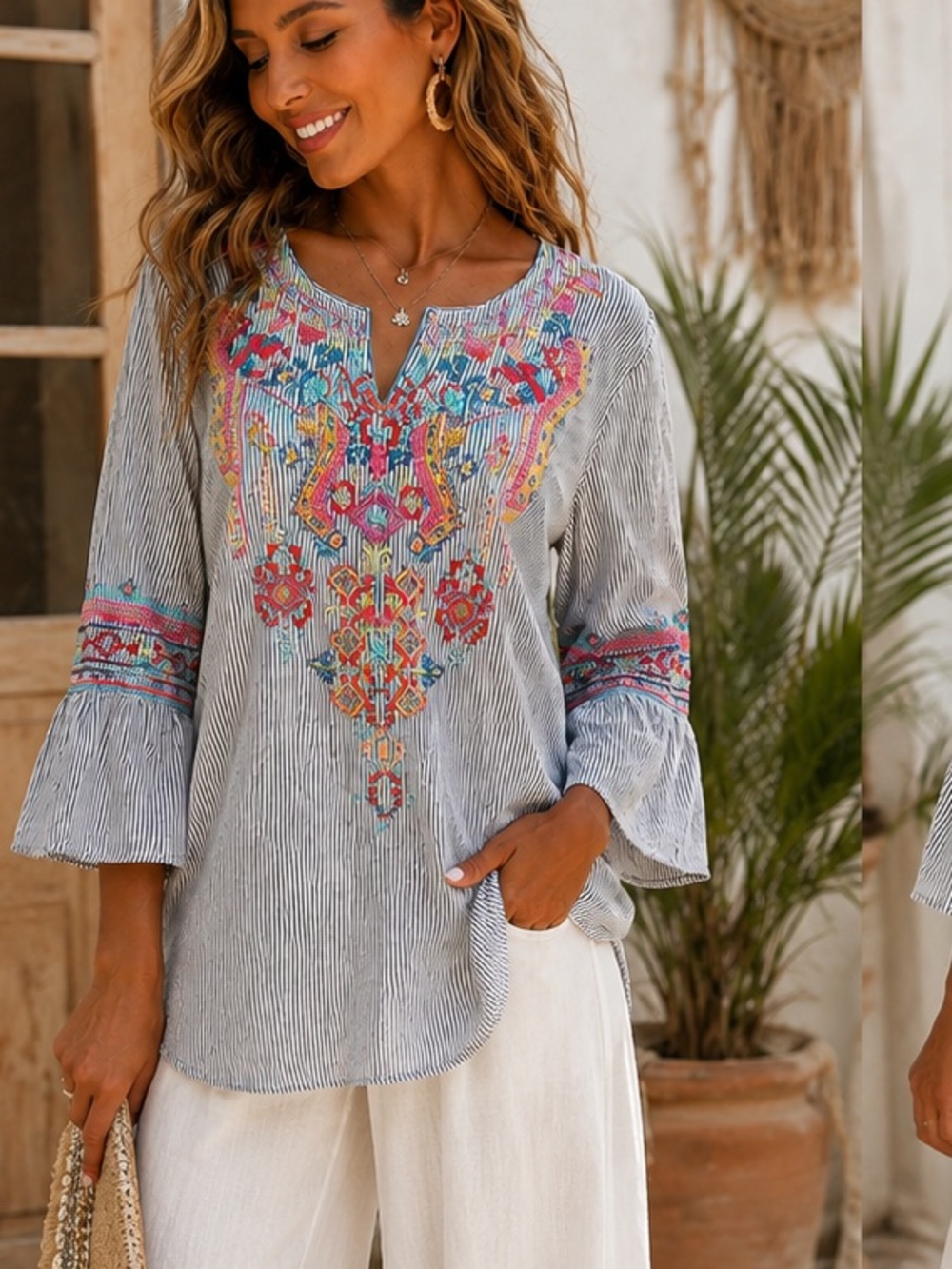 Calessa,Embroidered Stripe Patchwork Round Split V-Neck 3/4 Sleeve Tunic,Size XL